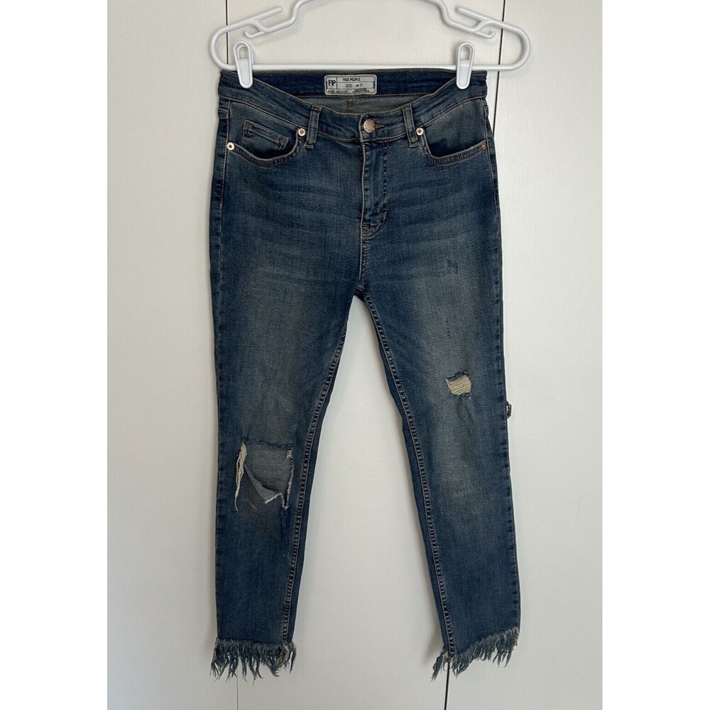 Free People Jeans Womens Sz 27 Blue Fringe Raw Hem Stretch Distressed Skinny